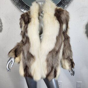 CLAUDE DANIELLE~S/M~VINTAGE BEIGE OFF WHITE BROWN GENUINE REAL FOX FUR COAT